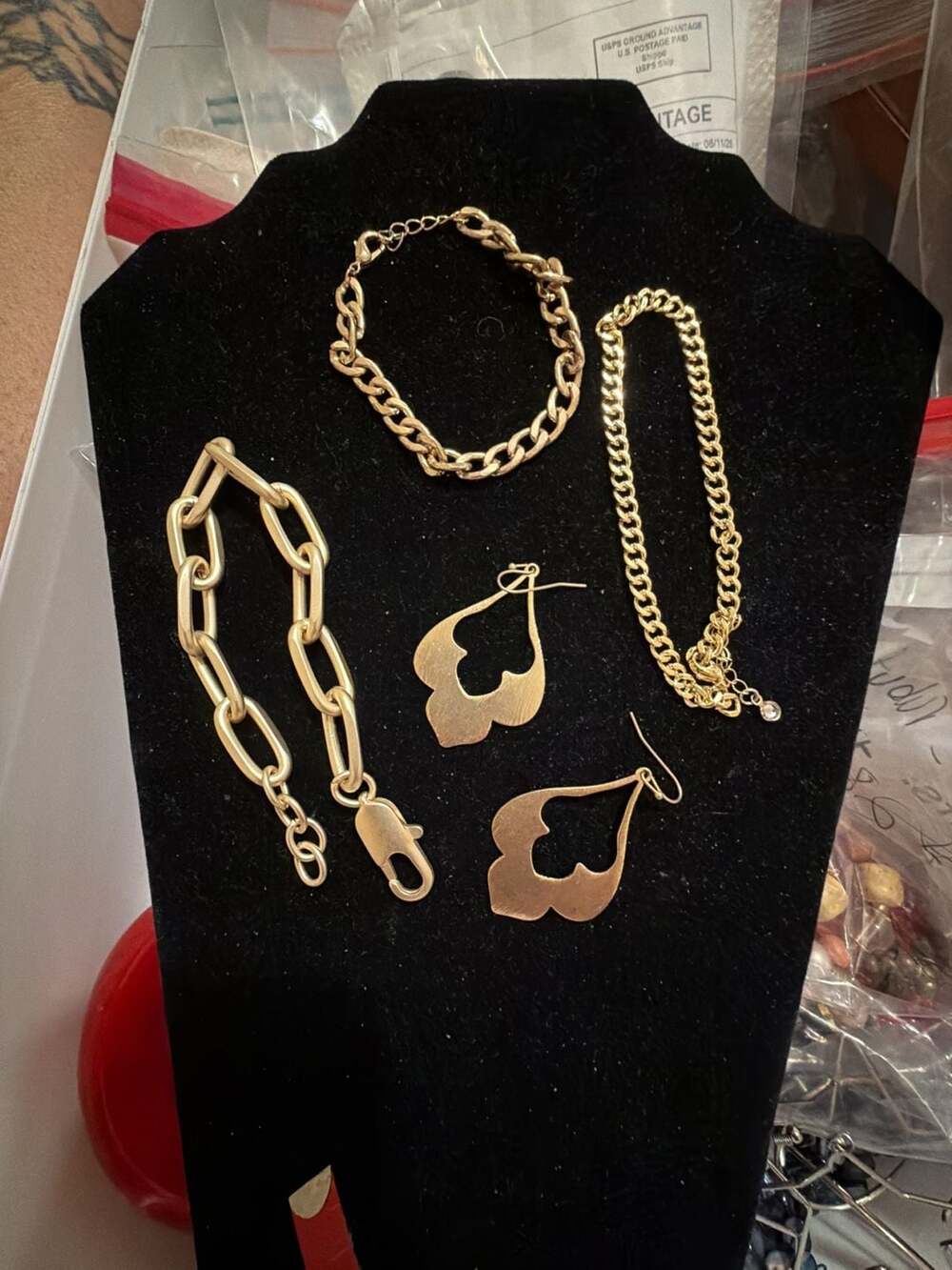 Gold Jewelry Lot Paperclip Bracelet Cutout Dangle Earrings 4pc Bundle Set Stack